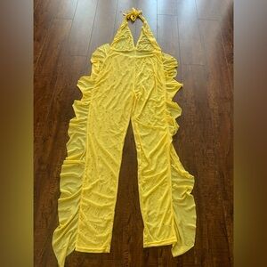 My Boo Yellow Halter Ruffle Jumpsuit Fully Faux Pearl Embellished Sheer Small